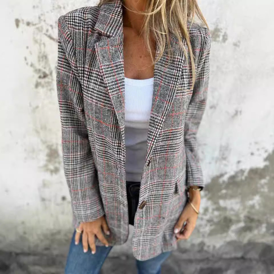 Veste Blazer Rétro à Motif Pied-de-Poule