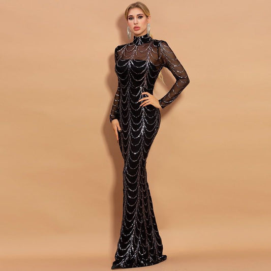 DESFASH | Sequins Women Maxi Dress - Long Sleeve Elegant Party Gown
