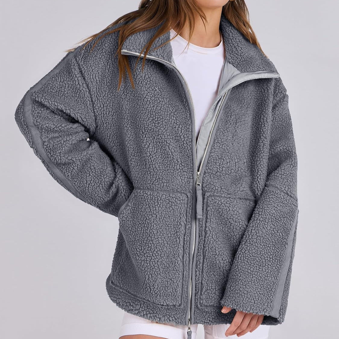 Manteau Zippé en Polaire avec Col Revers