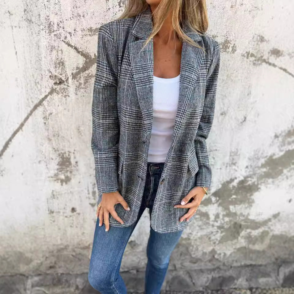 Veste Blazer Rétro à Motif Pied-de-Poule