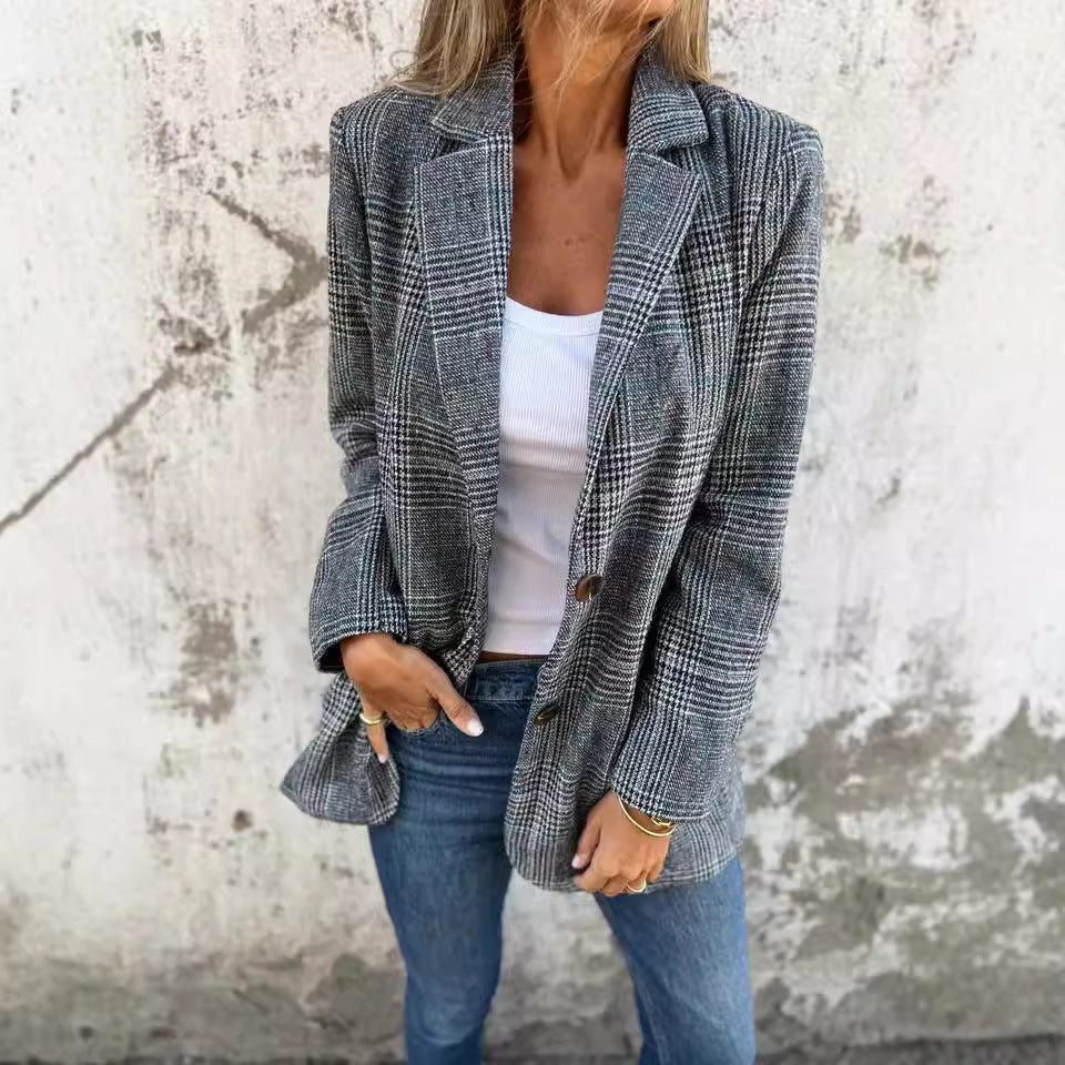 Veste Blazer Rétro à Motif Pied-de-Poule